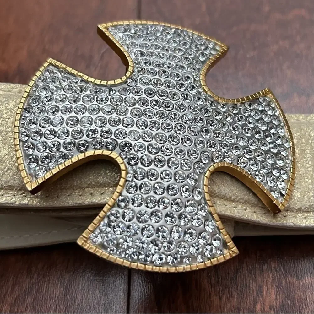 Cecelia Pale Crackled Gold Belt with Gold and Silver Rhinestone Cross Buckle